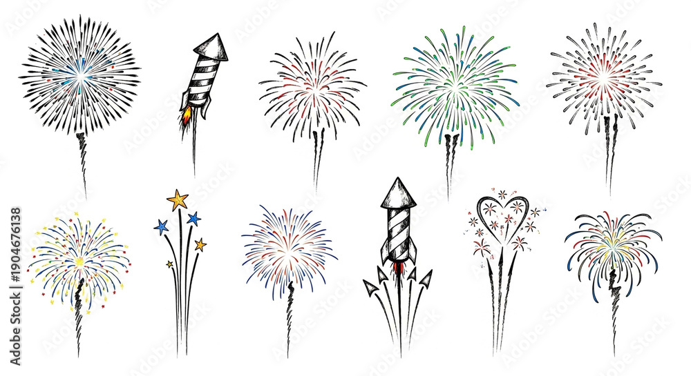 Obraz premium Colorful Fireworks Illustrations in Various Shapes and Sizes