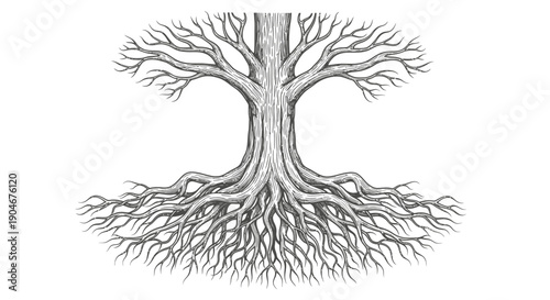 Detailed illustration of a bare tree with extensive roots and branches, symbolizing growth, stability, and foundation, isolated white background.