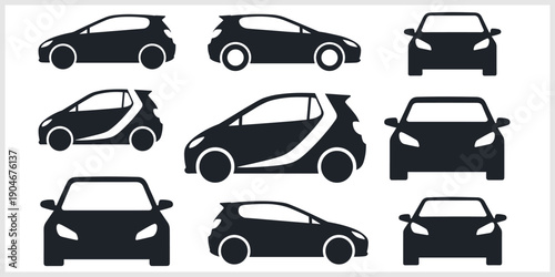 Compact Car Icons City Vehicles in Multiple Views.