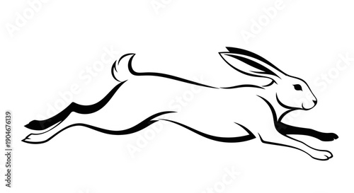 Outline illustration of a white rabbit running quickly, symbolizing speed and agility, isolated white background.