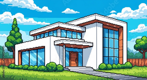 Modern Cartoon House Exterior With Large Windows And Green Lawn.