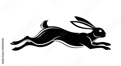 Silhouette of a black rabbit running quickly, symbolizing speed and agility, isolated white background.