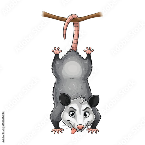 Cartoon opossum hanging upside down from a branch with a surprised expression on a white background