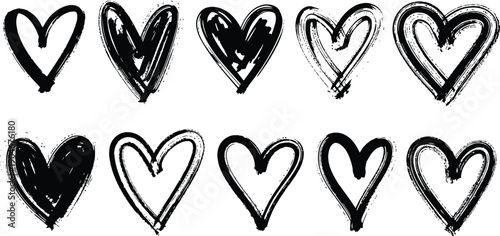 Hand-drawn sketchy hearts, black and white grunge texture graphic design