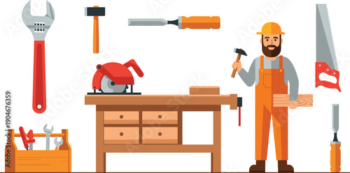 Vector illustration of a professional carpenter standing with woodworking tools featuring a workbench, saw, hammer, and toolbox isolated on white background.