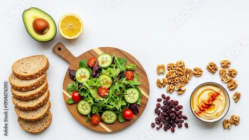Fresh Garden Salad with Cucumbers and Tomatoes on Wooden Board with Ingredients