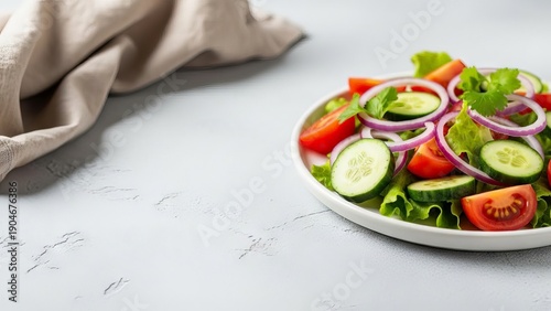Fresh Garden Salad with Cucumber, Tomato, and Red Onion on a White Plate