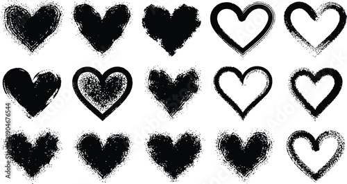 Textured black hearts, grunge spray paint splatter, love symbols