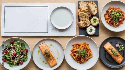 Gourmet Meal Presentation: Salmon, Pasta, Bread, and Dips.