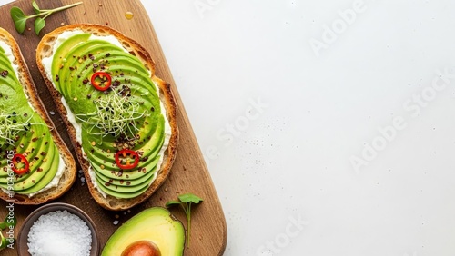Healthy Avocado Toast with Red Pepper and Sprouts on Wooden Board