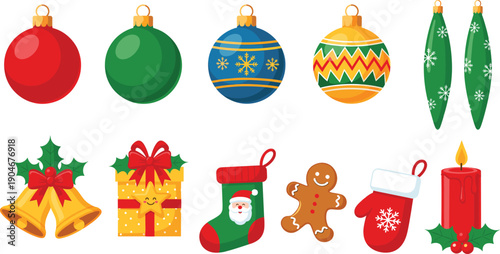 Vector illustration set of colorful Christmas ornaments and holiday elements featuring baubles, bells, gift box, gingerbread man, and candle isolated on white background.
