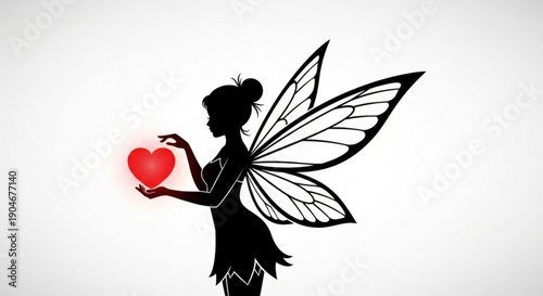 Black silhouette fairy with glowing red heart and delicate wings on white background symbolizing love and kindness