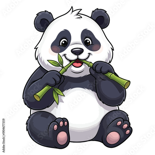 Cartoon panda holding and eating bamboo shoots on white background
