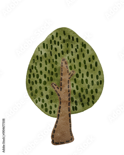 Vászonkép Hand-painted watercolor oval green tree with decorative dash patterns and stitch
