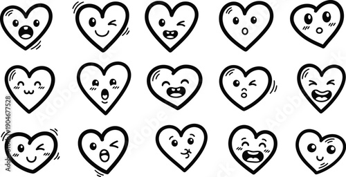 Cute heart emojis, expressive faces, happy emotions, cartoon style
