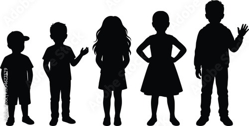 Children silhouettes, boys and girls standing, different poses, childhood diversity, black figures, isolated on white background, education concept
