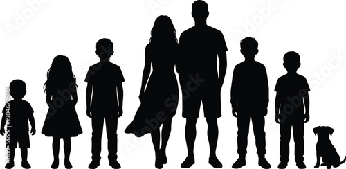 Family silhouettes with parents, multiple children and dog, standing together, black figures, isolated on white background, togetherness concept