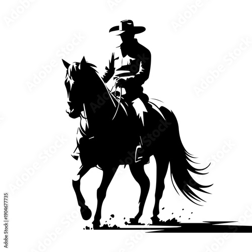 Bold black vector silhouette illustration of upright cowboy riding muscular horse in dynamic western motion style