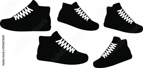 Black sneaker silhouette set showing casual athletic shoes from multiple angles isolated on white background modern footwear vector illustration