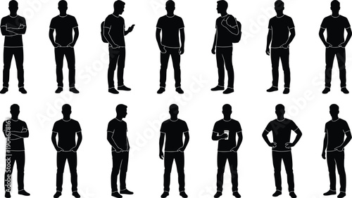 Male silhouette set of standing men in casual poses, black human figures isolated on white background vector illustration