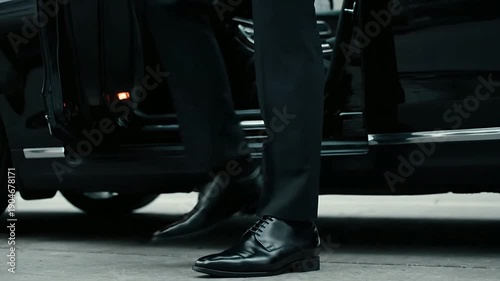 Low angle close up of a businessman's leg stepping out of a luxury car