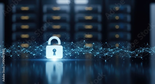 A padlock with a network of lines and dots in front of a blurred server room background.