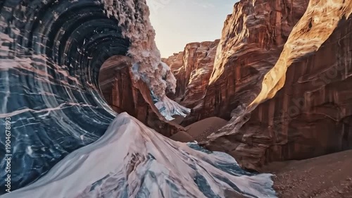 A massive ocean wave crashing inside a narrow red rock canyon under bright sunlight.