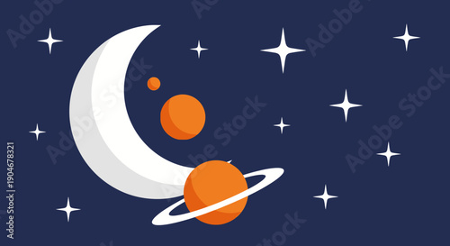 Crescent Moon and Planets in Space.