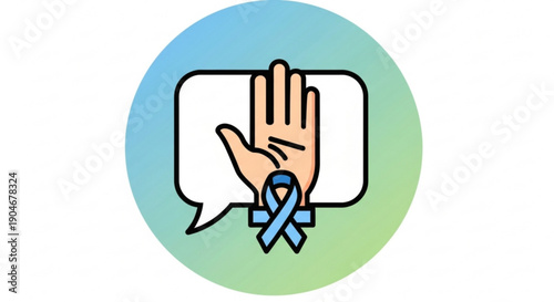 Hand with blue ribbon in speech bubble for awareness and support on a gradient background