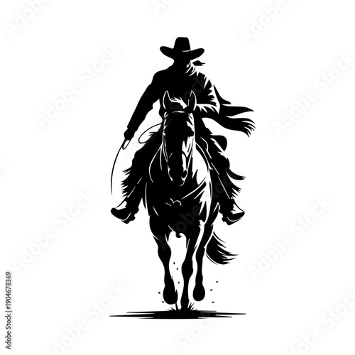 Bold black vector silhouette illustration of upright cowboy riding muscular horse in dynamic western motion style