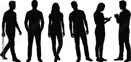 People silhouettes set, men and women standing walking talking smartphone interaction vector illustration black lifestyle modern design collection
