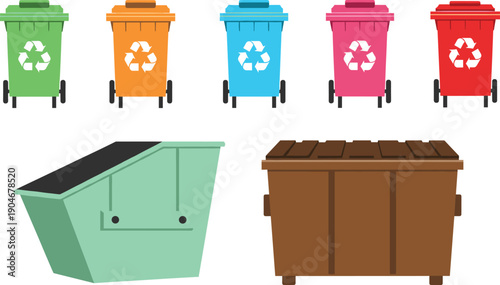 Vector illustration set of colorful waste recycling bins and large industrial dumpsters isolated on white background