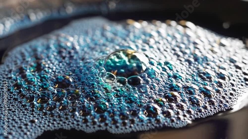 Close-up of dark blue liquid with iridescent bubbles forming and popping on the surface.