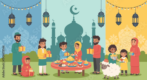 Family Gathering with Lanterns and Mosque.