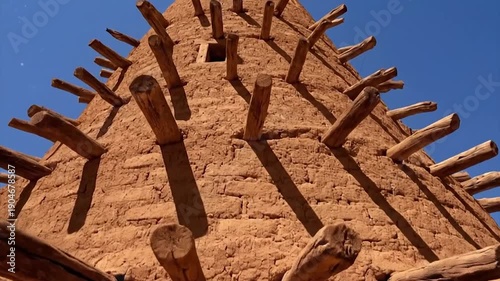 A tall, ancient mud tower with wooden beams protruding against a clear blue sky.