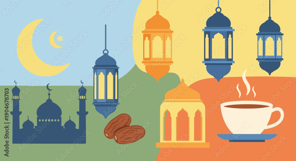 Obraz premium Islamic Lanterns Coffee Dates Ramadan Illustration.