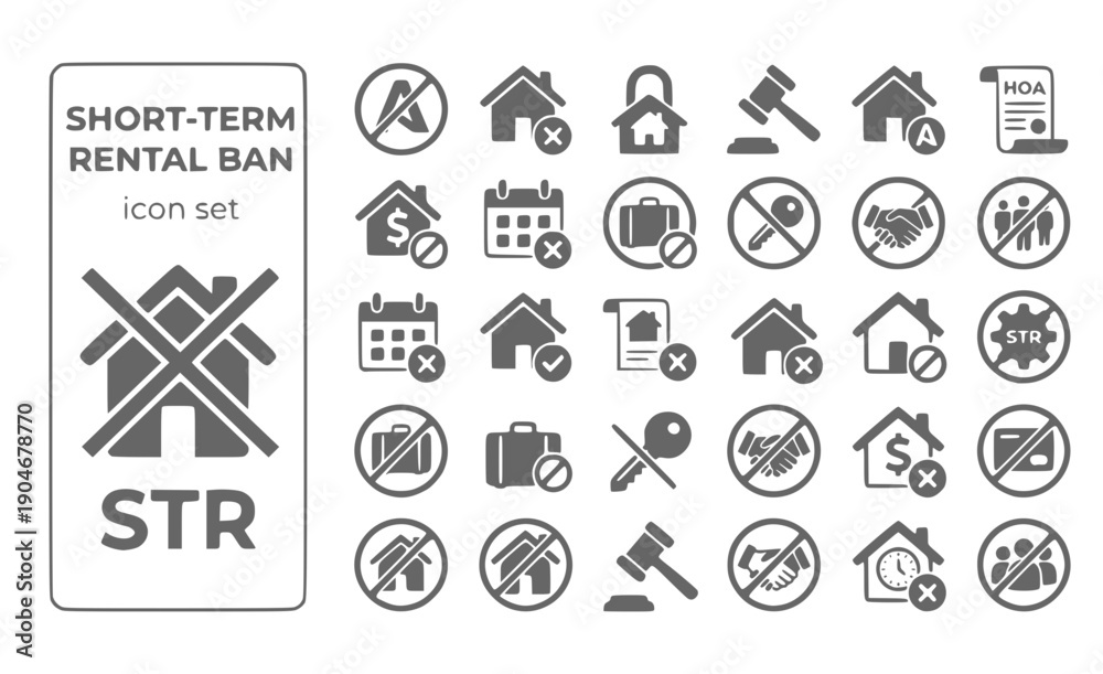 Fototapeta premium Short-Term Rental Ban Airbnb-Logo No-Circle Rental-Prohibition HOA-Ban Vacation-Rental Sharing-Economy Vector Icon Set - Rental Prohibition