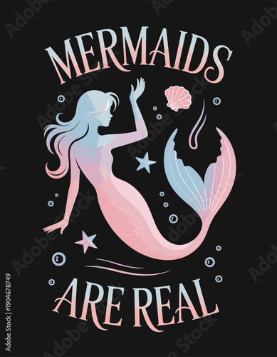Mermaid fantasy artwork, pastel gradient tail, whimsical sea creature design, ocean myth illustration, decorative elements vector, cad drawing flat vector illustration