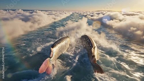 Two large fish with iridescent scales swimming through a path of clouds in the sky.