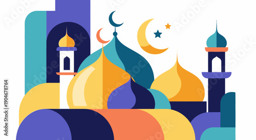 Islamic Mosque Illustration with Minarets and Crescent.