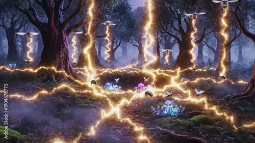 A mystical forest at night filled with glowing insects and mushrooms emitting lightning-like energy.