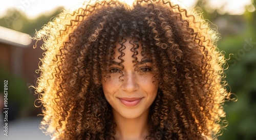 A woman with curly hair smiling outdoors.