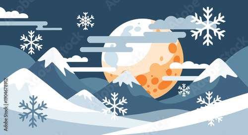 Orange Moon in Snowy Winter Landscape.