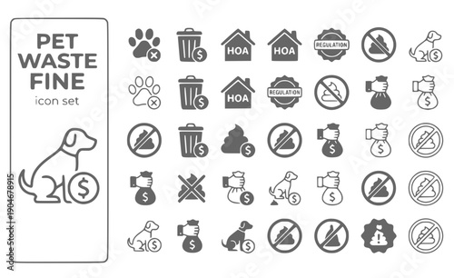 Pet Waste Fine Dog-Crouching Dollar-Sign Pet-Violation Waste-Penalty HOA-Fine Animal-Regulation Vector Icon Set - Pet Violation