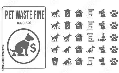 Pet Waste Fine Dog-Crouching Dollar-Sign Pet-Violation Waste-Penalty HOA-Fine Animal-Regulation Vector Icon Set - Pet Violation