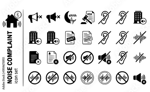 Noise Complaint Sound-Waves 10PM-Clock Noise-Violation Quiet-Hours HOA-Complaint Disturbance-Regulation Vector Icon Set - Noise Violation