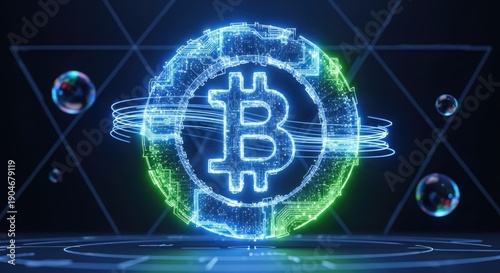 A glowing, futuristic Bitcoin symbol with a blue and green color scheme, surrounded by bubbles and a geometric pattern on a dark background.