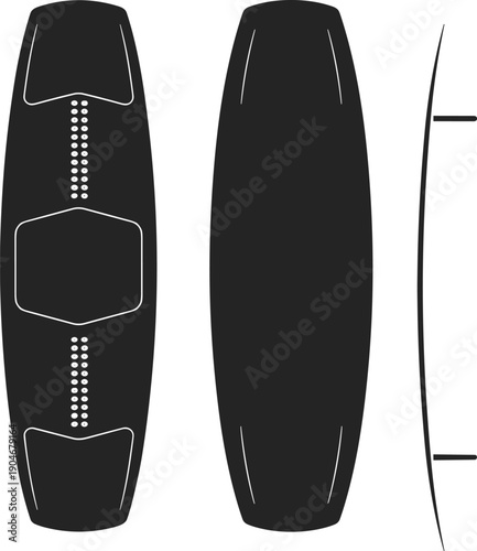 Wakeboard design illustration, top bottom side views, water sports equipment vector, recreational gear artwork, extreme sport drawing, cad drawing flat vector illustration