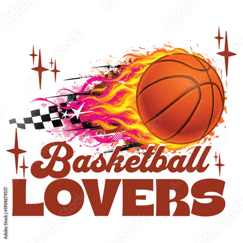 A vibrant illustration of a basketball surrounded by flames and checkered flags