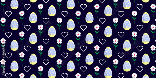 Colorful Easter egg pattern background featuring cute pastel eggs decorated with floral and abstract motifs. Perfect for spring holiday designs, greeting cards, wrapping paper, textile, wallpaper